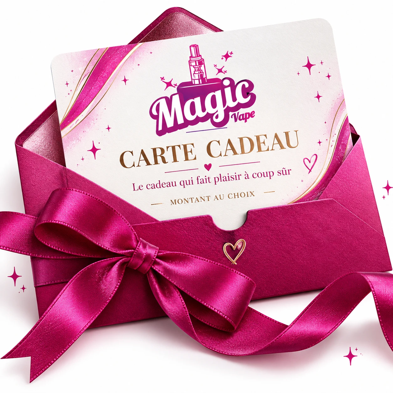 Carte cadeau Magic Vape dans son enveloppe rose avec un ruban