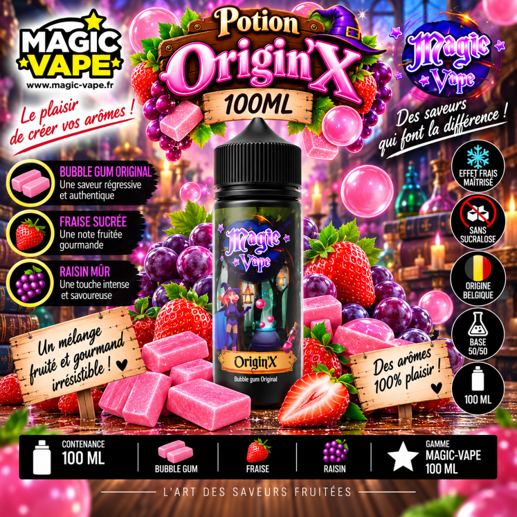 E-liquide Potion OriginX 100 ml Magic Vape, bubble gum, fraise et raisin
