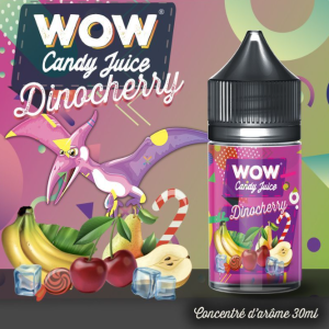 Dinocherry Wow Candy Juice Concentré 30ml Un e-liquide légèrement frais à base de Cerises, de poires et de Bananes. fiole de 30ml dosage 12% Sans sucralose Produit Français