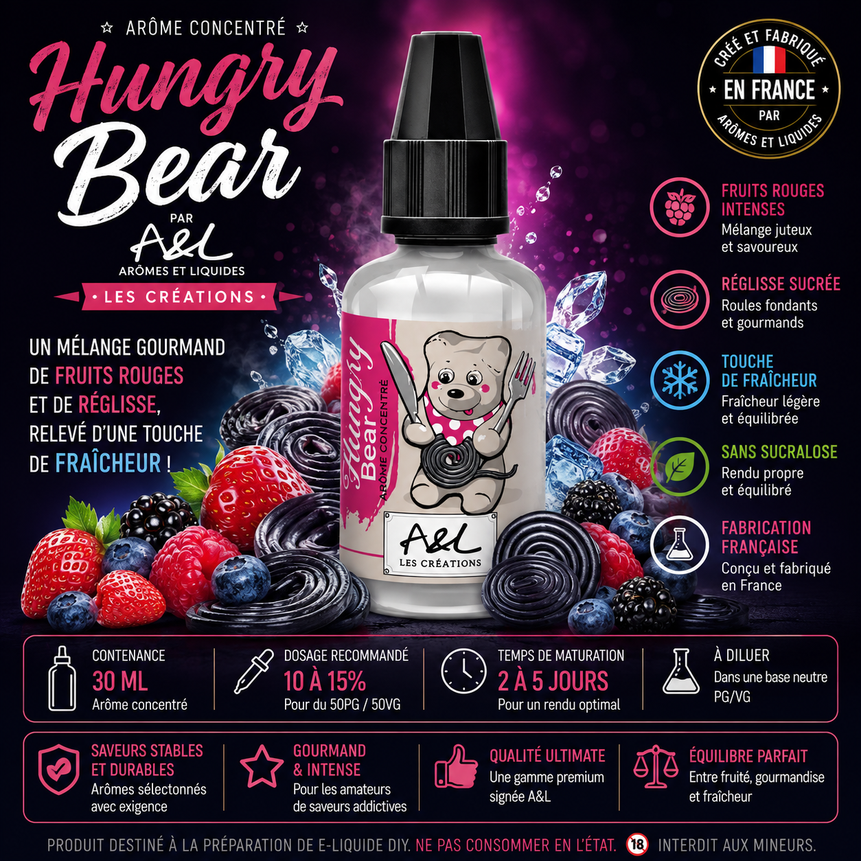 Hungry Bear 30ml Arômes et Liquides Fruits Rouge au Bonbons Réglisse. Origine France 30ml Arôme