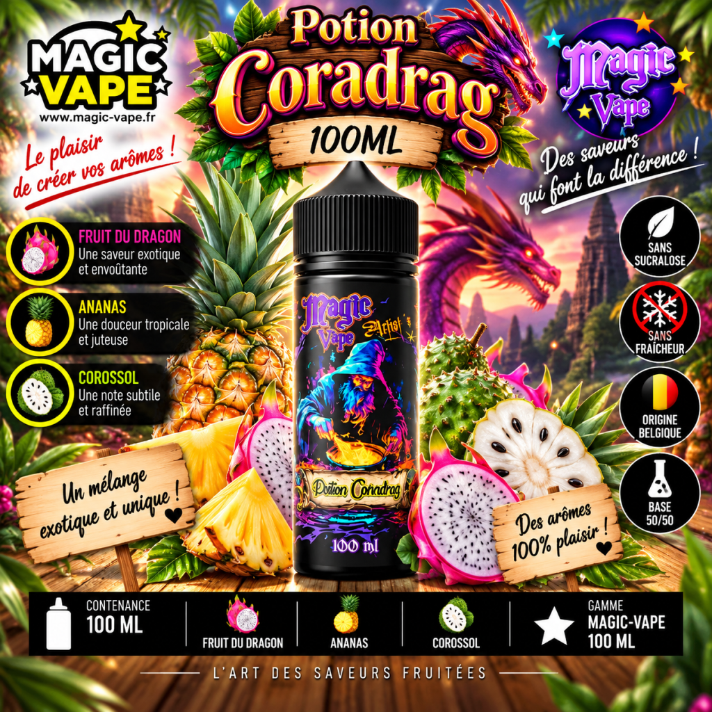 E-liquide Potion Coradrag 100 ml Magic Vape, fruit du dragon, ananas et corossol