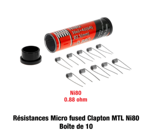 Coil Micro Fused Clapton MTL Ni80 Fumytech 0.88Ohm Boîte de 10 coils Micro fused clapton MTL Ni80 de Fumytech, en nichrome tressé. Prêts à être installés, pour les montages reconstructibles sur des atomiseurs RDA RTA  ou drippers RTA / RDA.