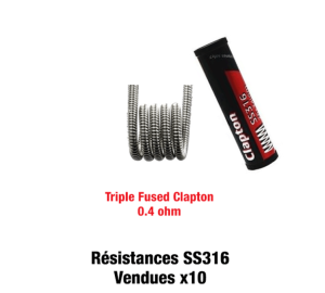 Coils Triple fused clapton coil SS316 de Fumytech, en acier inoxydable. Prêts à être installés, pour les montages reconstructibles sur des atomiseurs ou drippers RTA / RDA. Boîte de 10