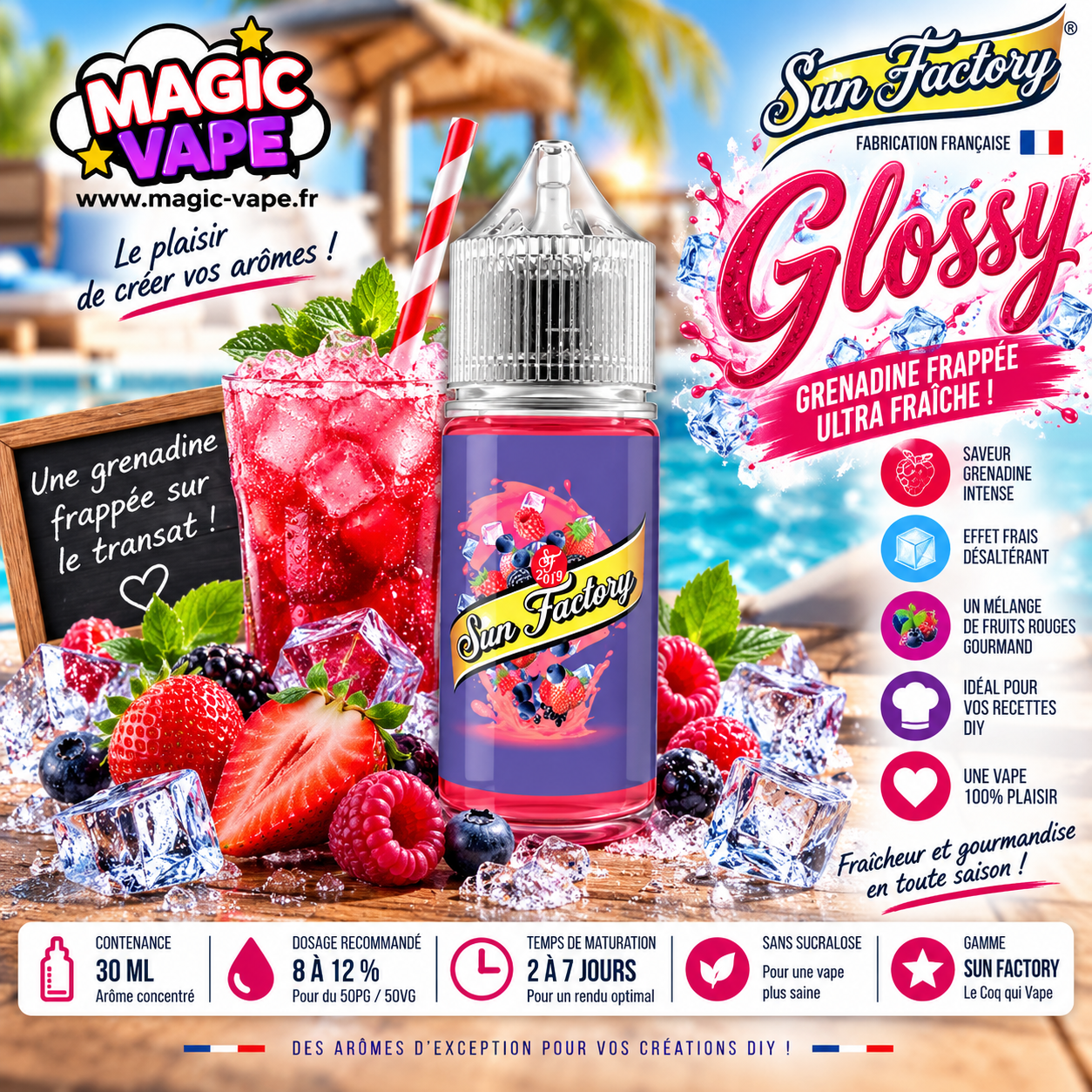 Concentre Glossy 30ml Sun Factory grenadine glacée Le Coq Qui Vape