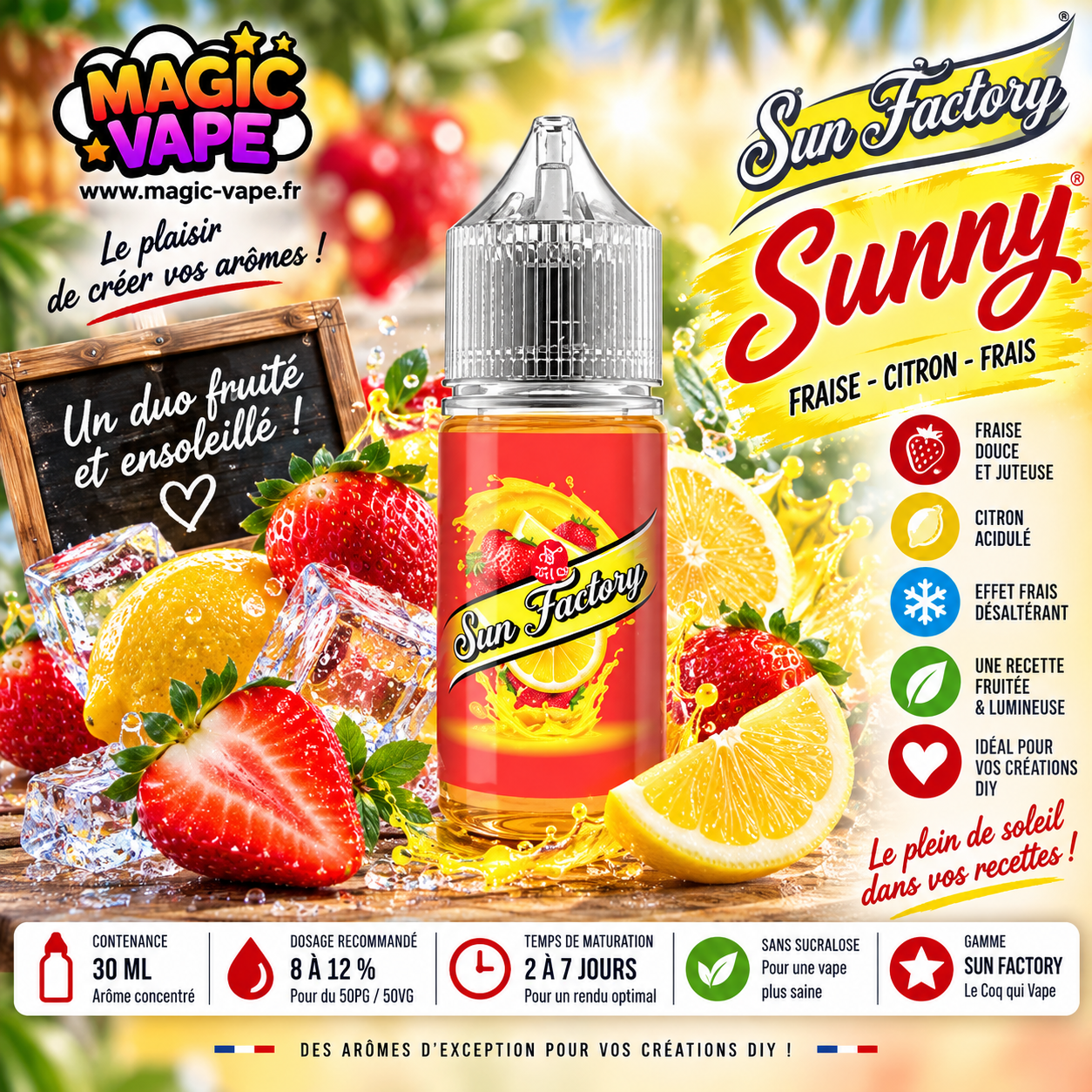 Concentre Sunny 30ml Sun Factory fraise citron Le Coq Qui Vape