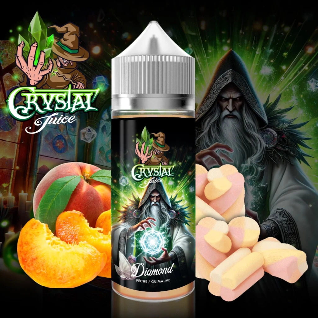 E-liquide Diamond 100 ml Crystal Juice, pêche juteuse et guimauve