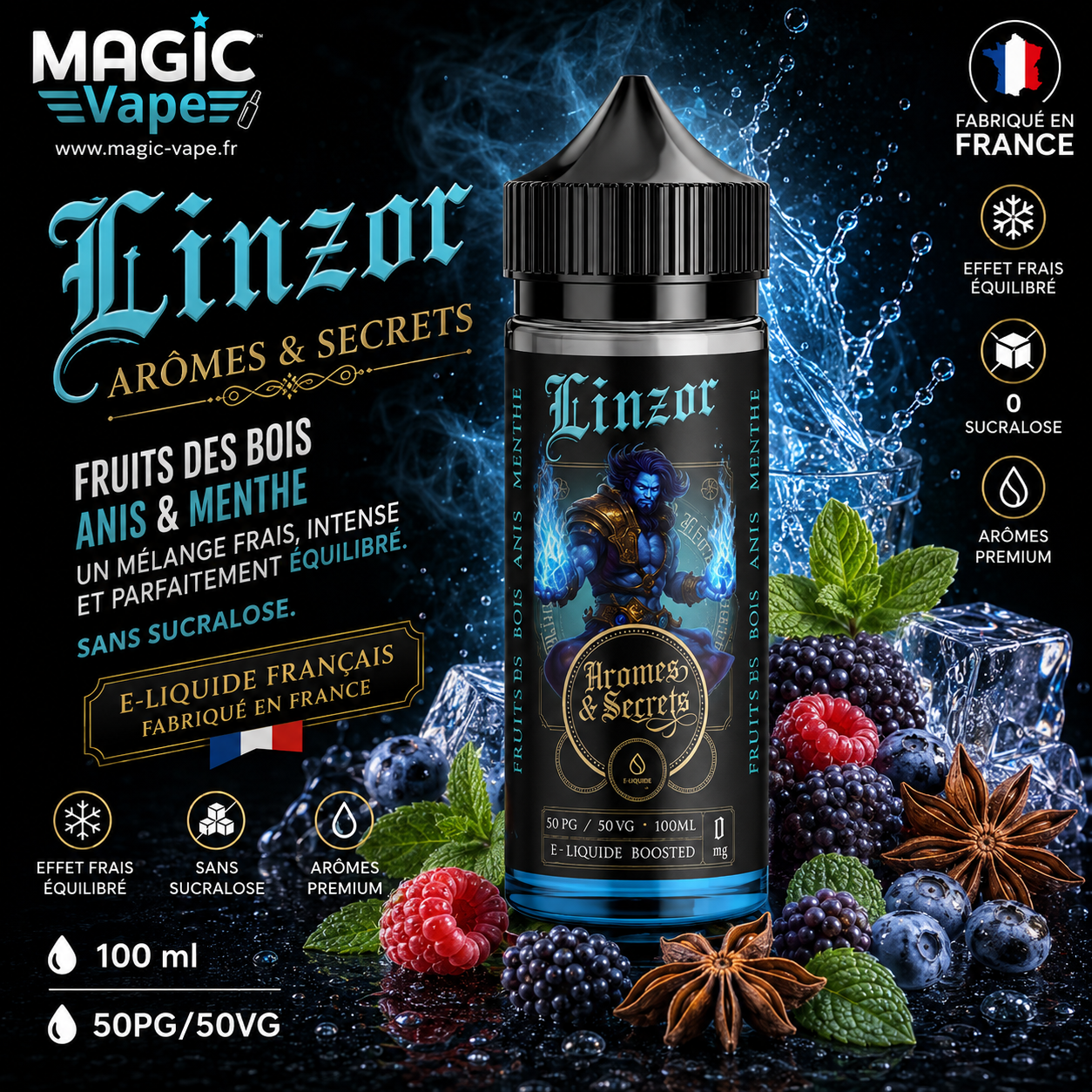 linzor aromes et secret 100ml, e-liquide fruits des bois avec anis & menthe — sans sucralose — effet frais — France