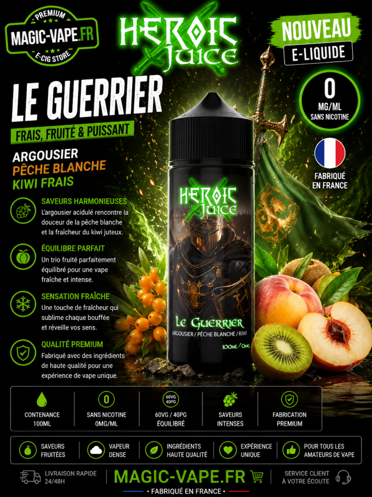 E-liquide Le Guerrier 100 ml Heroic Juice, argousier, pêche blanche et kiwi