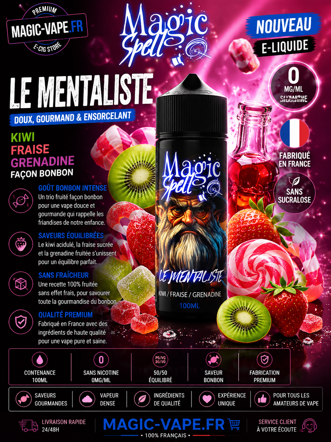 le mentaliste 100ml magic spell bonbon kiwi fraise grenadine sans fraîcheur