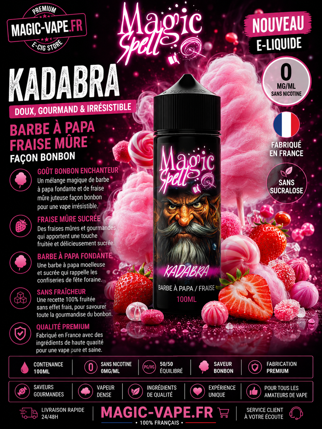 kadabra 100ml magic spell barbe a papa fraise mure sans fraicheur