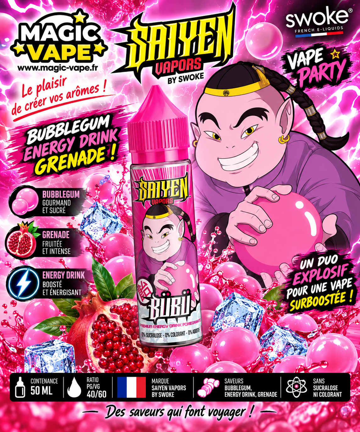 Bubu Saiyen Vapors 50ml bubblegum energy drink grenade