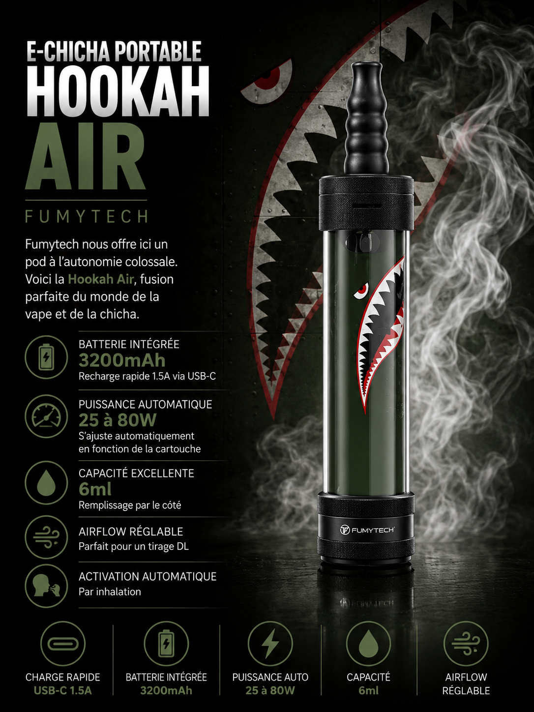 E-Chicha Portable Hookah Air 6 Ml 3200 mAh Edition Warrior – Fumytech 3 chicha portable fumytech
