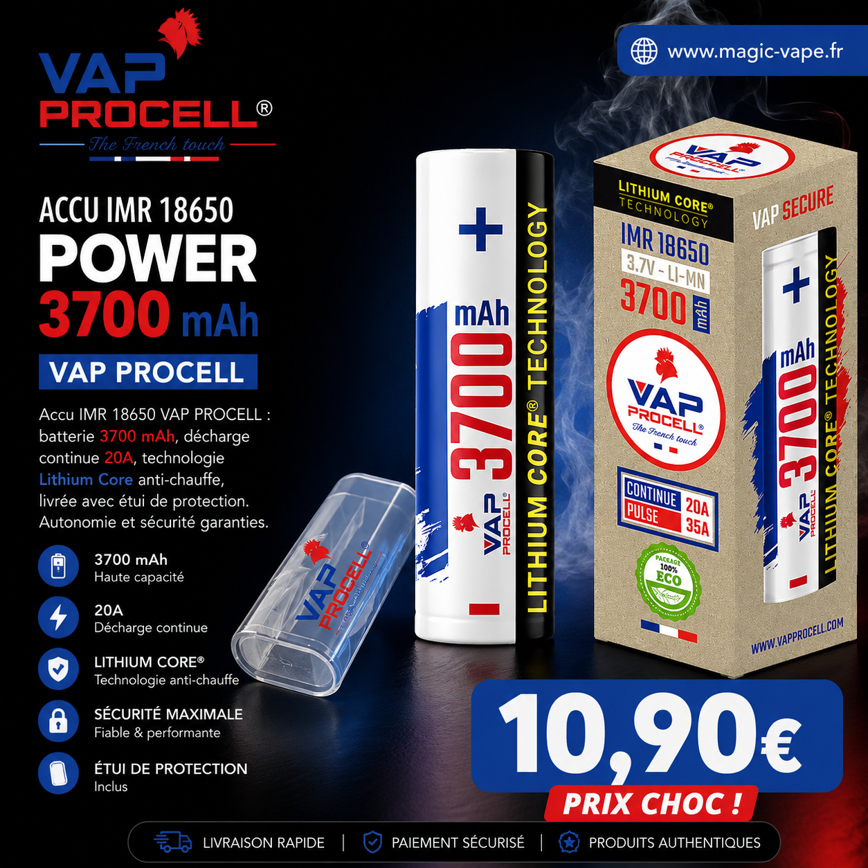 accu imr 18650 vap procell 3700mah 20a avec étui de protection