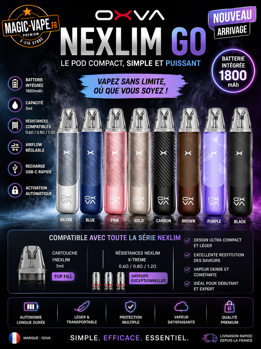 Kit Pod NeXLIM GO 1800Mah OXVA avec batterie intégrée 1800 mAh, pod magnétique, puissance réglable, recharge USB-C et résistances remplaçables.