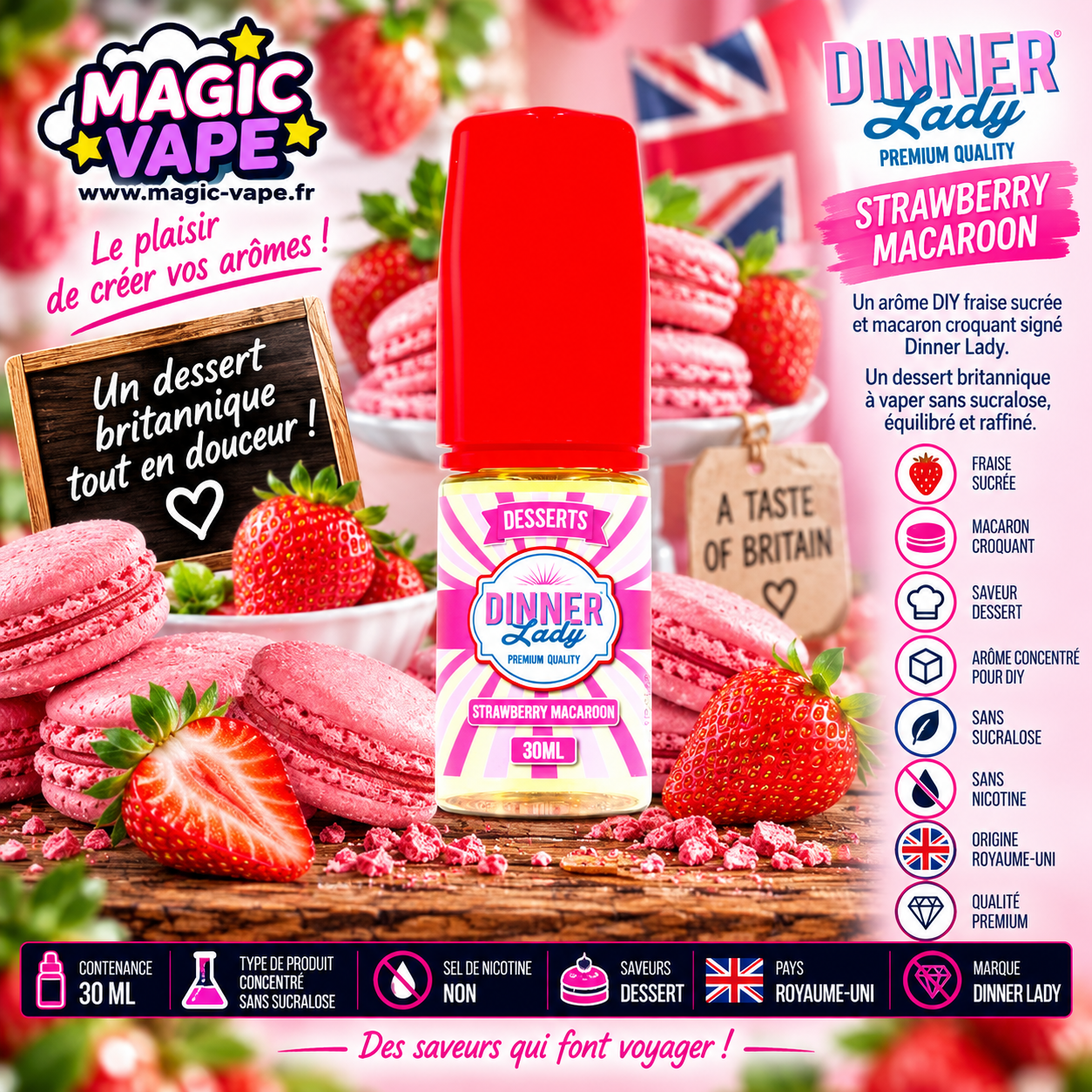 Concentré Strawberry Macaroon 30ml Dinner Lady fraise macaron