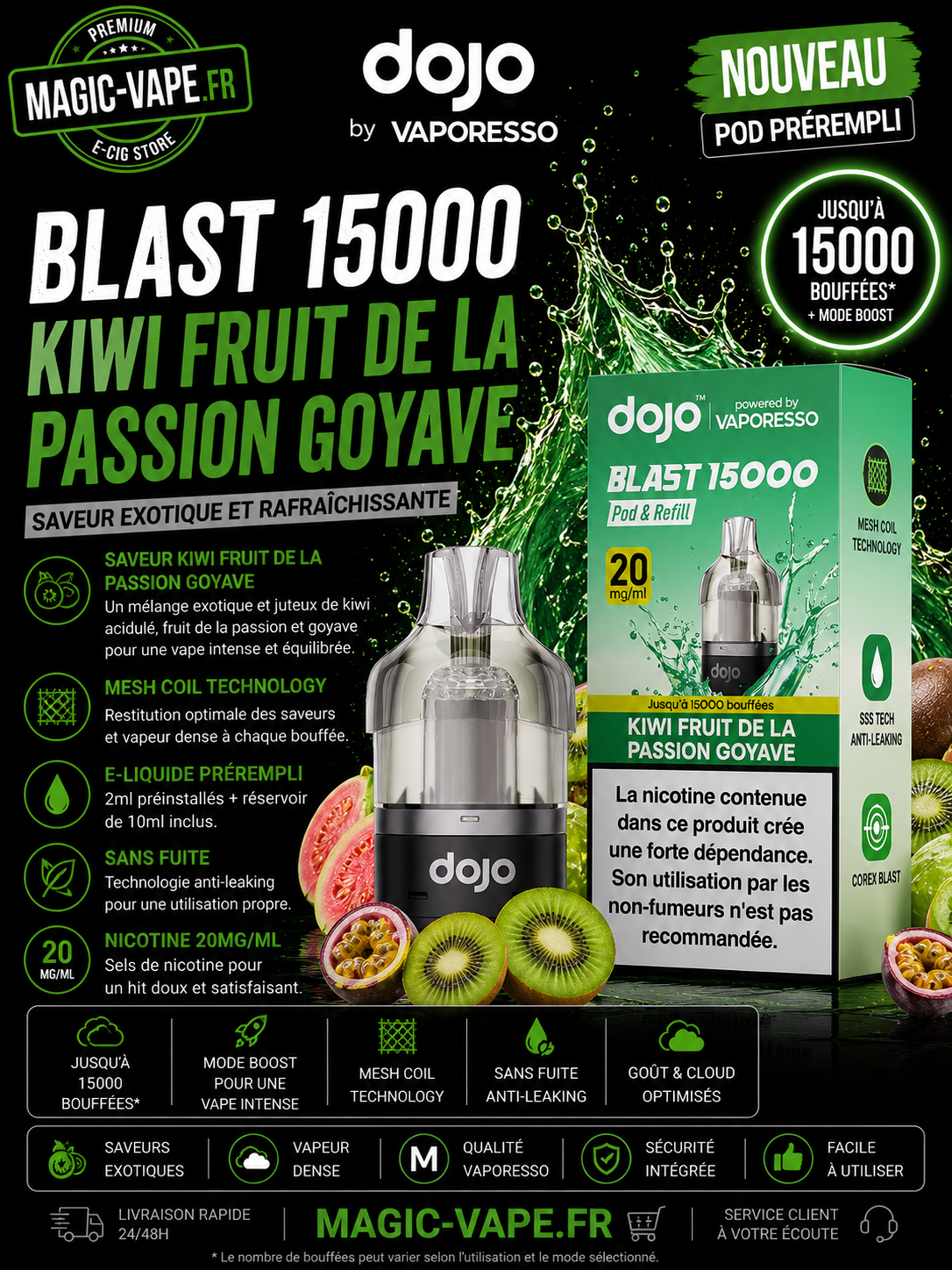 Puff rechargeable Dojo Blast 15000 batterie USB-C Vaporesso