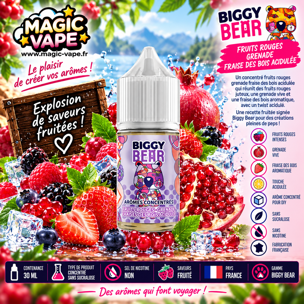 Concentré Fruits rouges Grenade Fraise des bois acidulée 30ml – Biggy Bear 1 concentre fruits rouges grenade fraise des bois acidulee 30ml