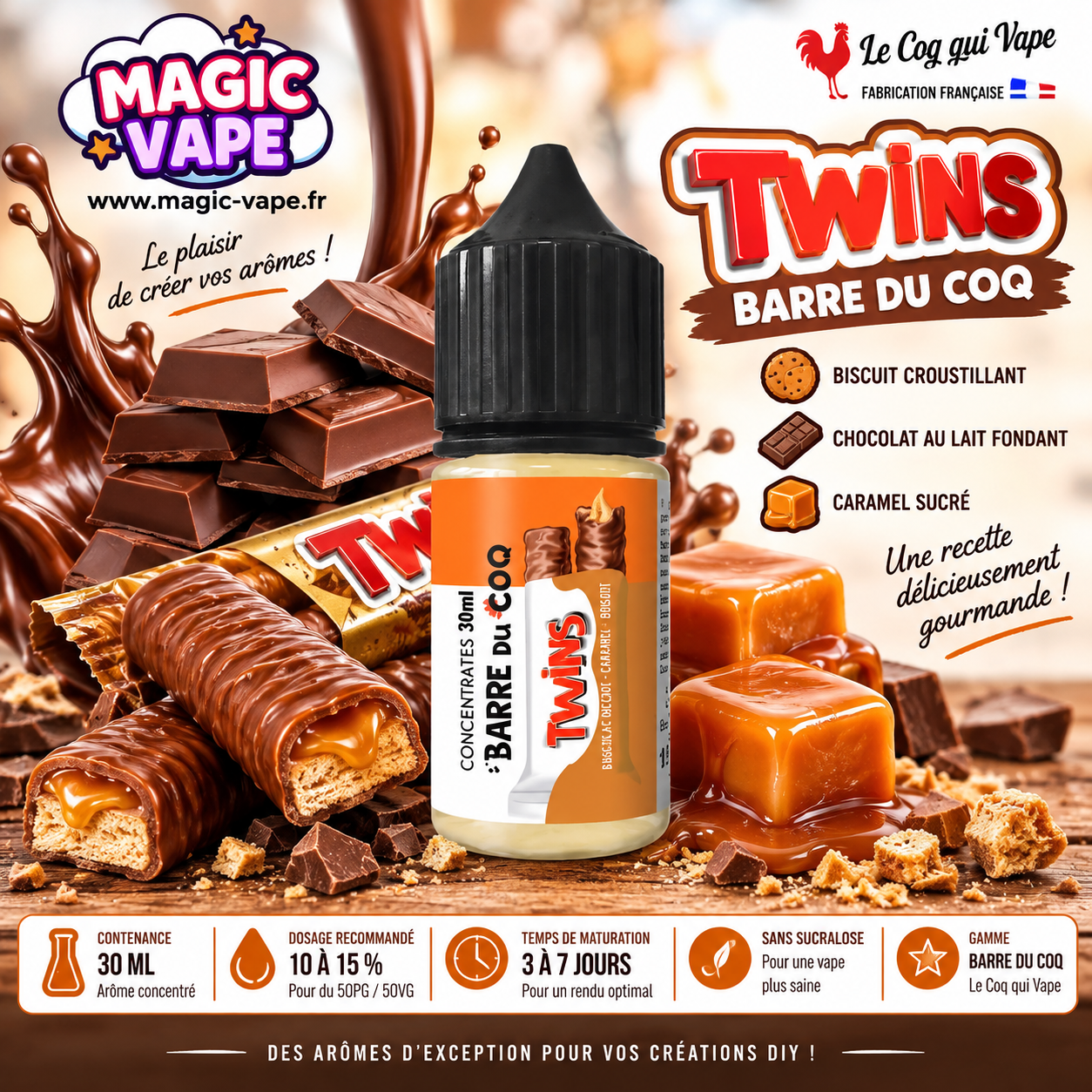 Concentré Twins 30ml Le Coq Qui Vape biscuit chocolat caramel