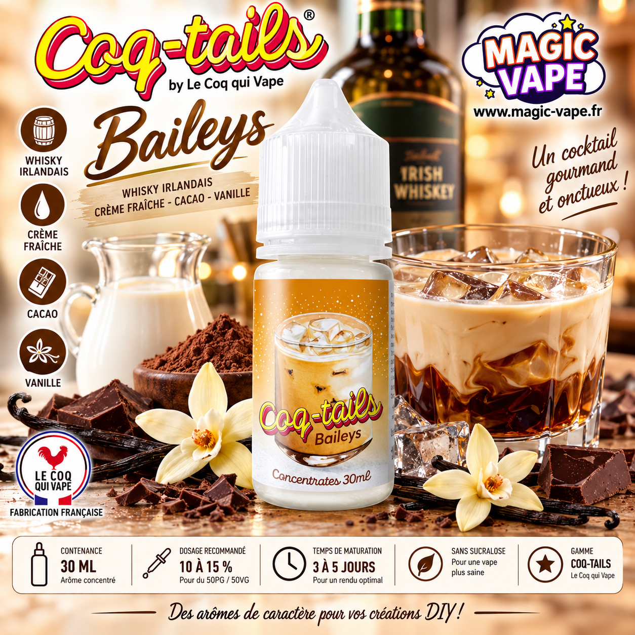 Concentré Baileys 30ml Le Coq qui Vape whisky crème cacao vanille