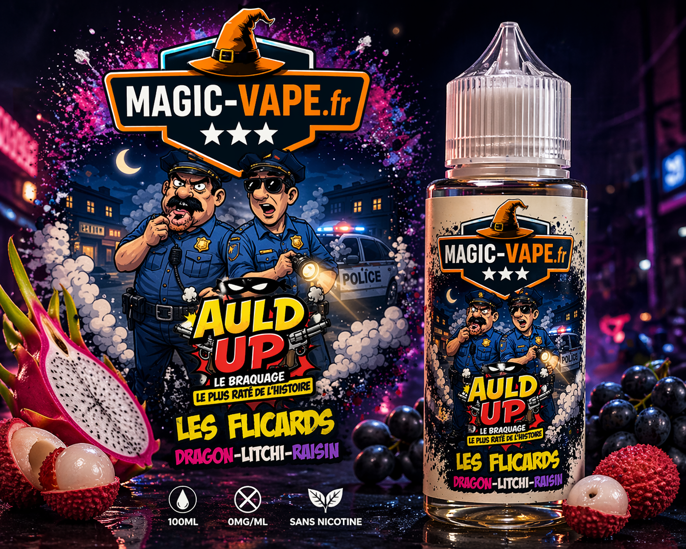 Les Flicards 100ml e-liquide français Magic Vape goût fruit du dragon litchi et raisin en 50 PG 50 VG