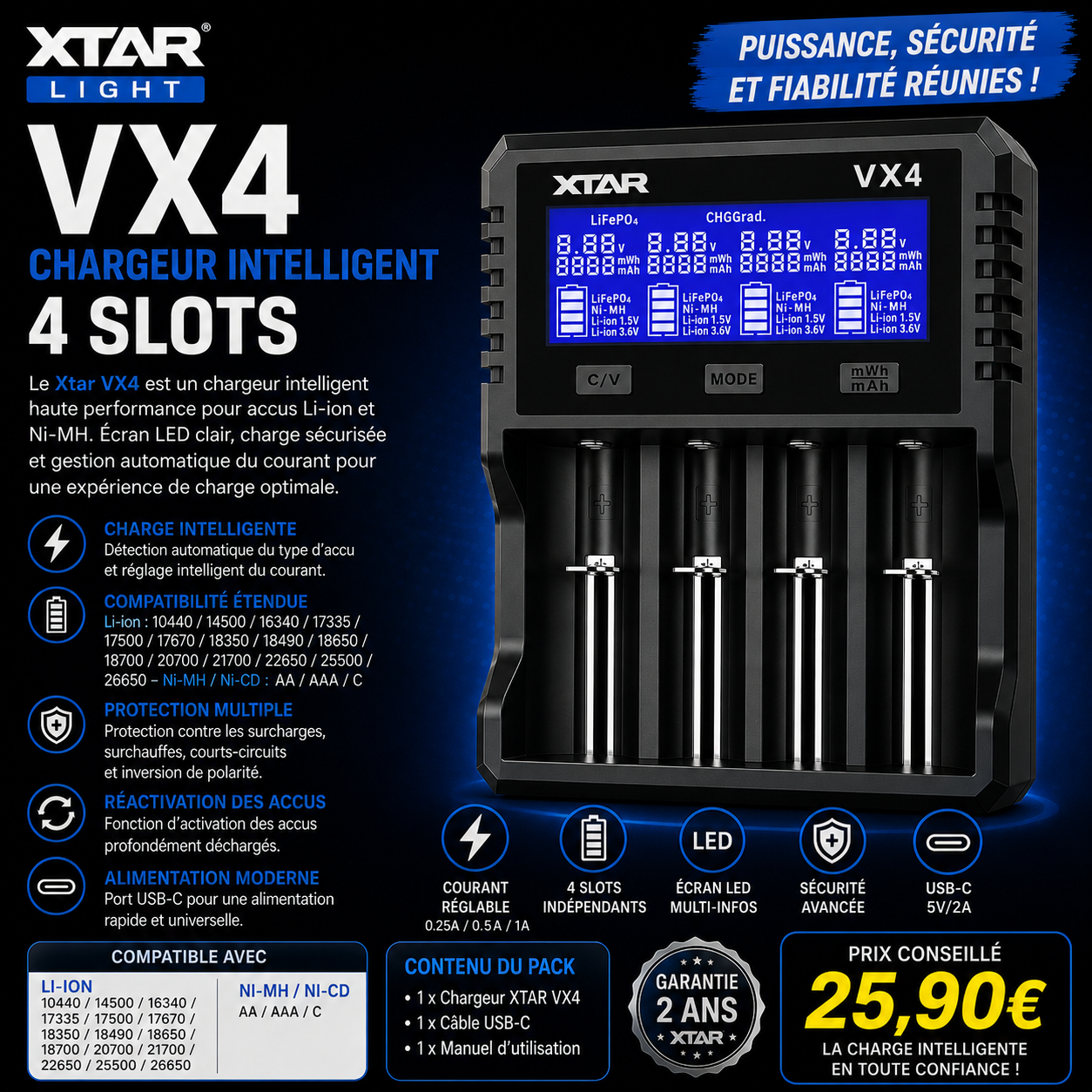 chargeur vx4 xtar light chargeur accus 4 slots usb c