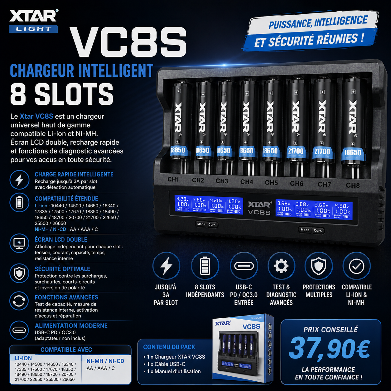chargeur vc8s xtar light chargeur intelligent 8 slots usb c