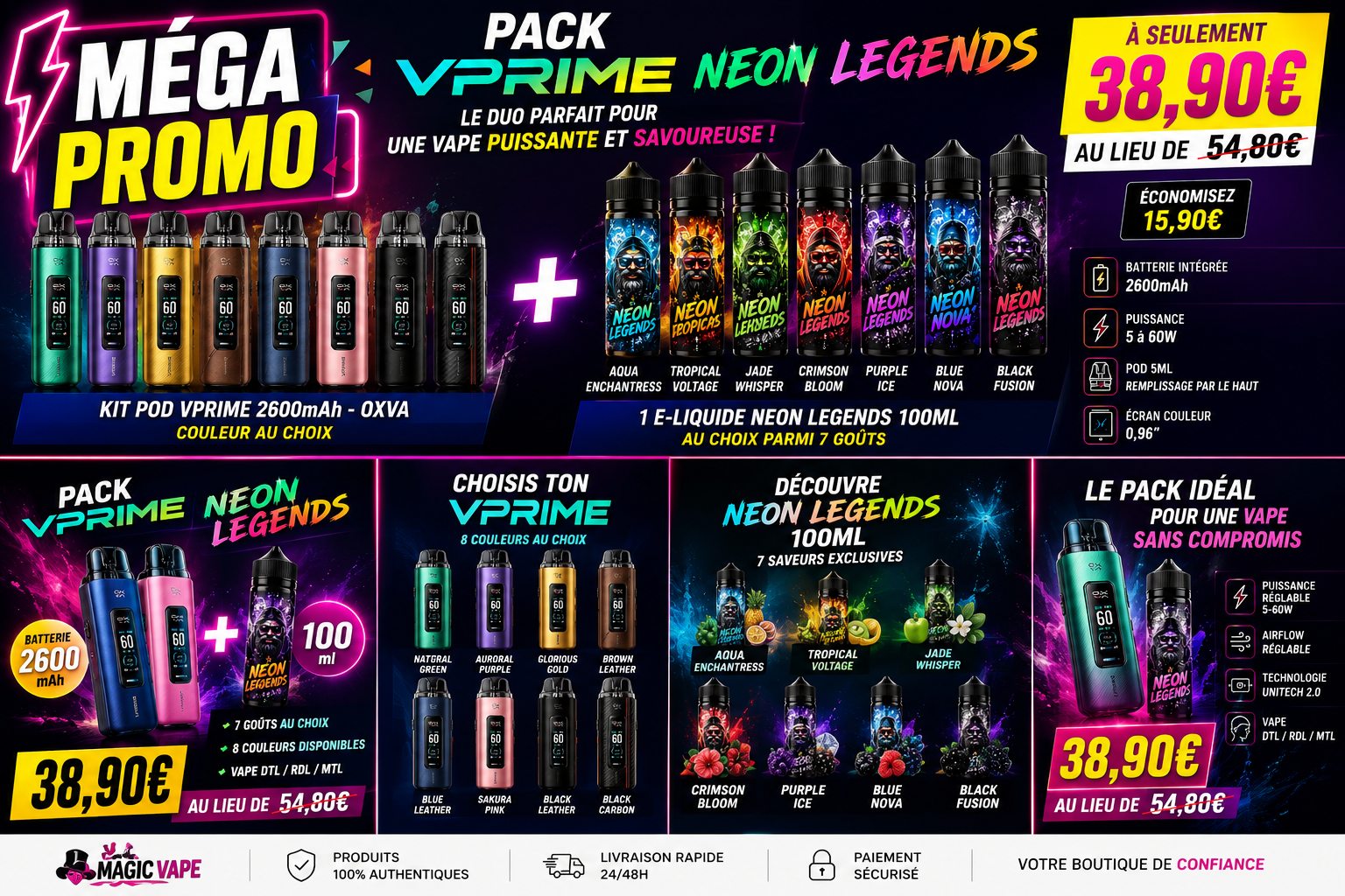 Méga Promo Kit VPrime 2600mAh OXVA + 1 E-Liquide Neon Legends 100ml Au Choix 17 pack vprime neon legends kit vprime 2600mah oxva avec e liquide neon legends 100ml au choix promo magic vape