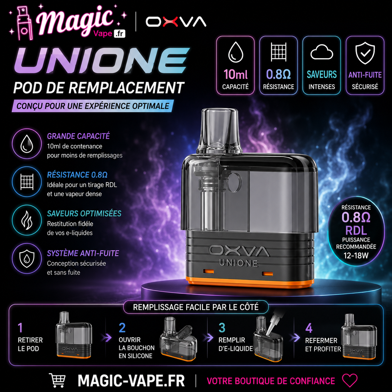 pod de remplacement unione 10ml 0.8 ohm oxva cartouche officielle compatible kit unione