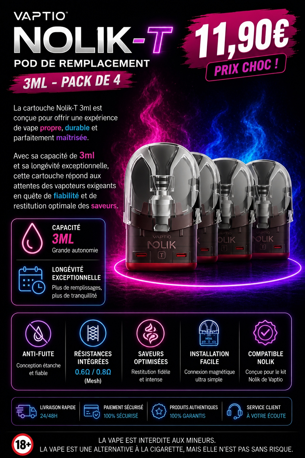 pod de remplacement nolik-t 3ml vaptio pack de 4 compatible kit tela