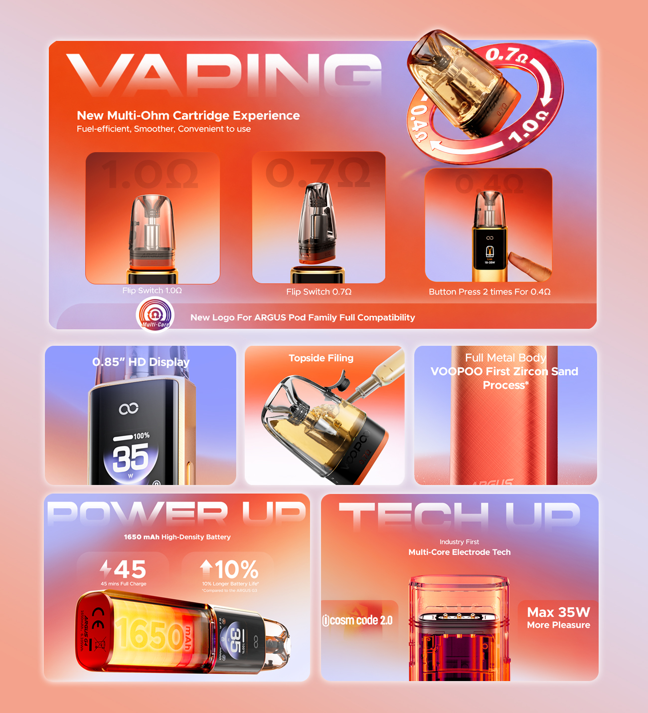 Kit Pod Argus G4 1650mAh Voopoo 3 cartouche argus multi ohm voopoo 0.4 ohm 0.7 ohm 1.0 ohm