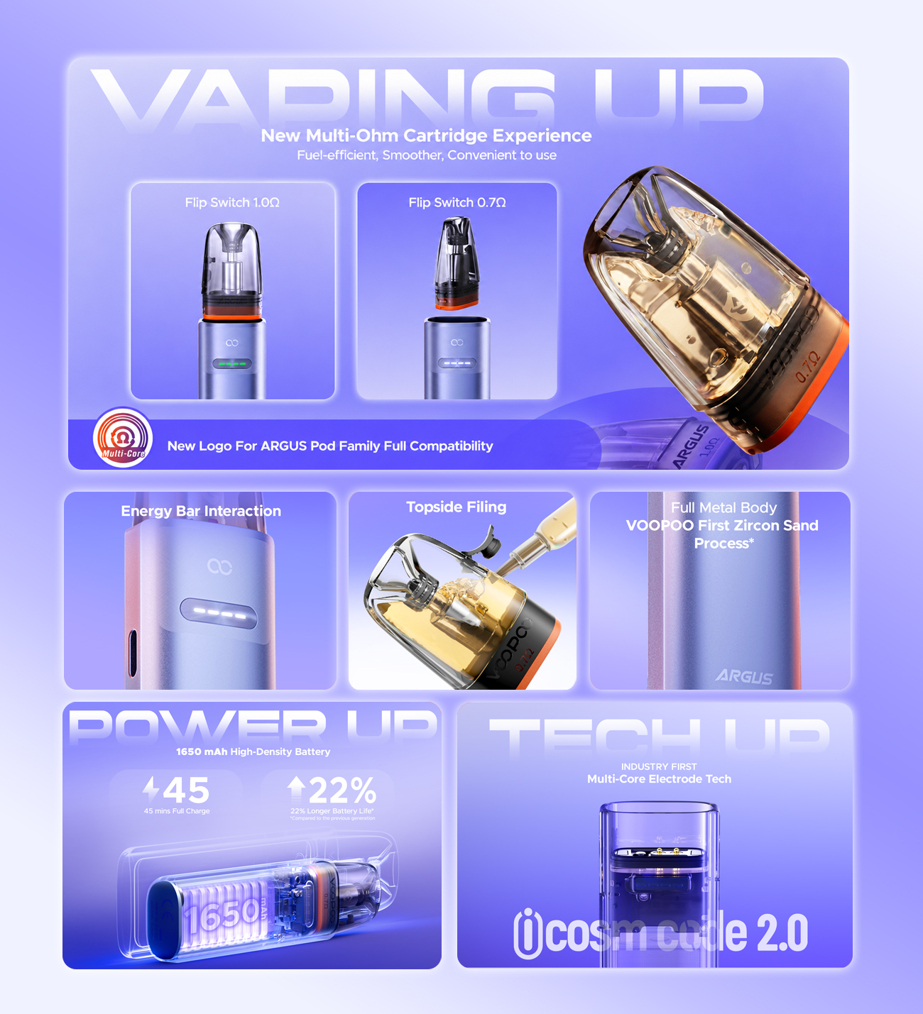Kit Pod Argus G4 Mini 1650mAh - Voopoo 8 kit pod argus g4 mini 1650mah voopoo avec cartouche multi-ohm 3.5 ml et batterie 30w