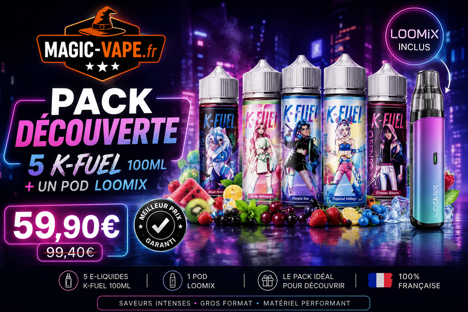 Pack Découverte K-Fuel Maison Fuel – 5 E-Liquides 100ml + Kit Pod Loomix