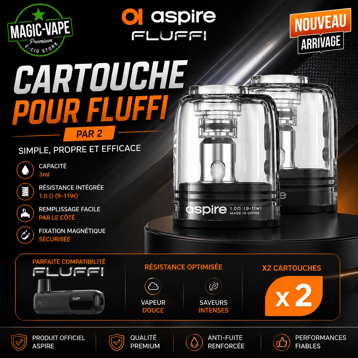 Cartouche Fluffi Aspire par 2 avec réservoir 3,5 ml, résistance intégrée 0,6 ohm ou 1,0 ohm et drip tip interchangeable.