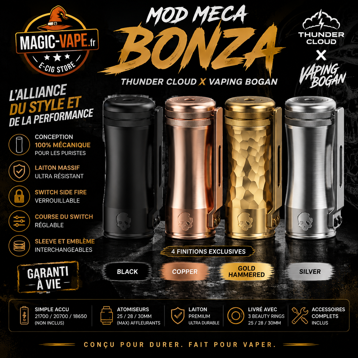 Mod Meca Bonza Pro Hammered Thunder Cloud x Vaping Bogan en laiton compatible accu 21700 20700 18650 avec switch Side Fire réglable.
