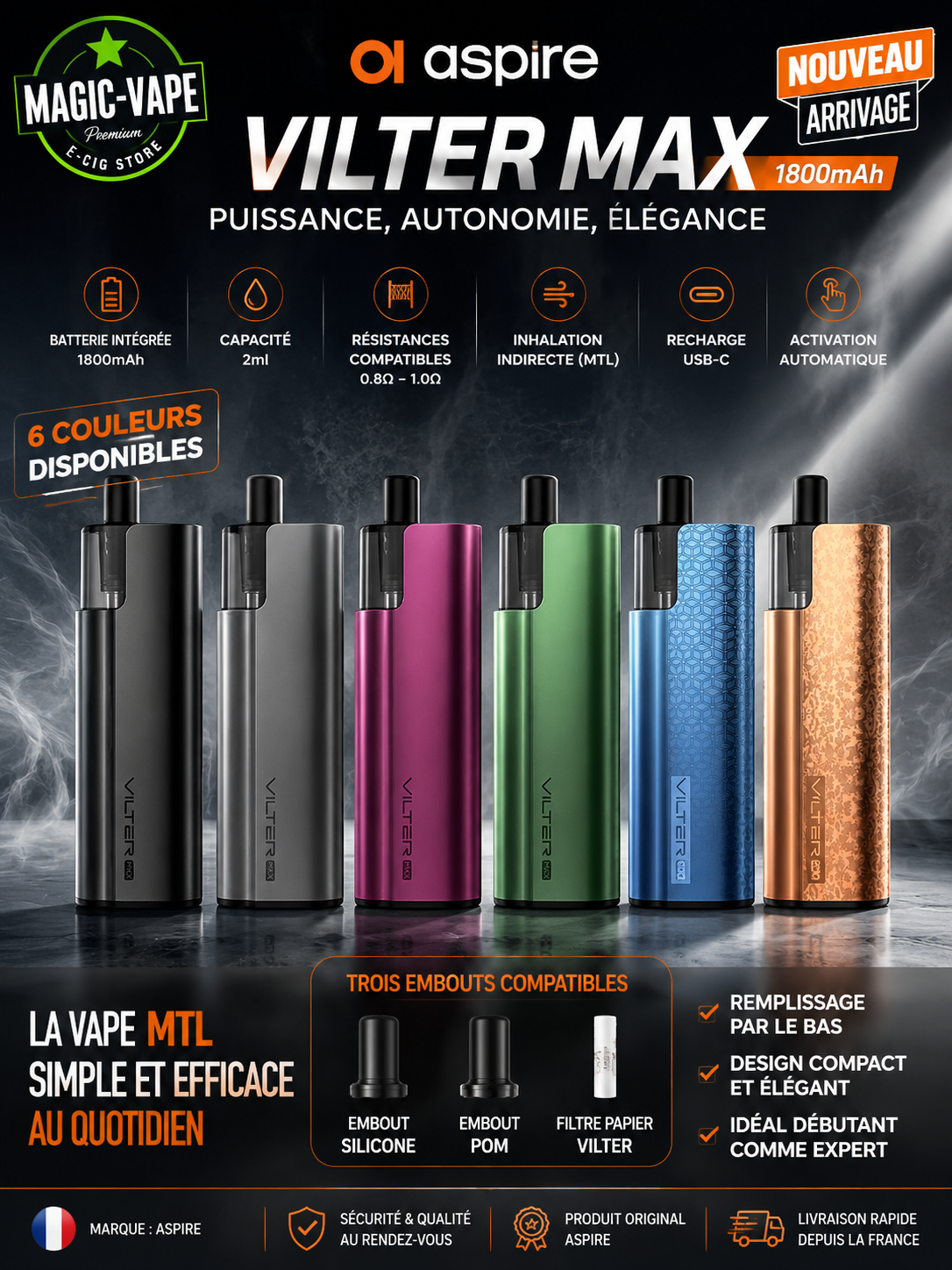 Kit Pod Vilter Max Aspire batterie 1800mAh cartouche 2ml pour inhalation MTL