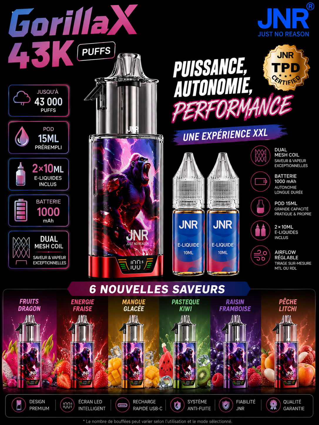 kit gorilla x 43k puffs jnr nouvelles saveurs puff rechargeable pod 15ml 2x10ml dual mesh