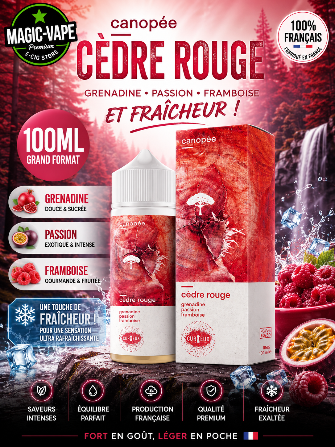 E-liquide Cèdre Rouge 100ml Édition Canopée Curieux saveur grenadine passion framboise fraîche
