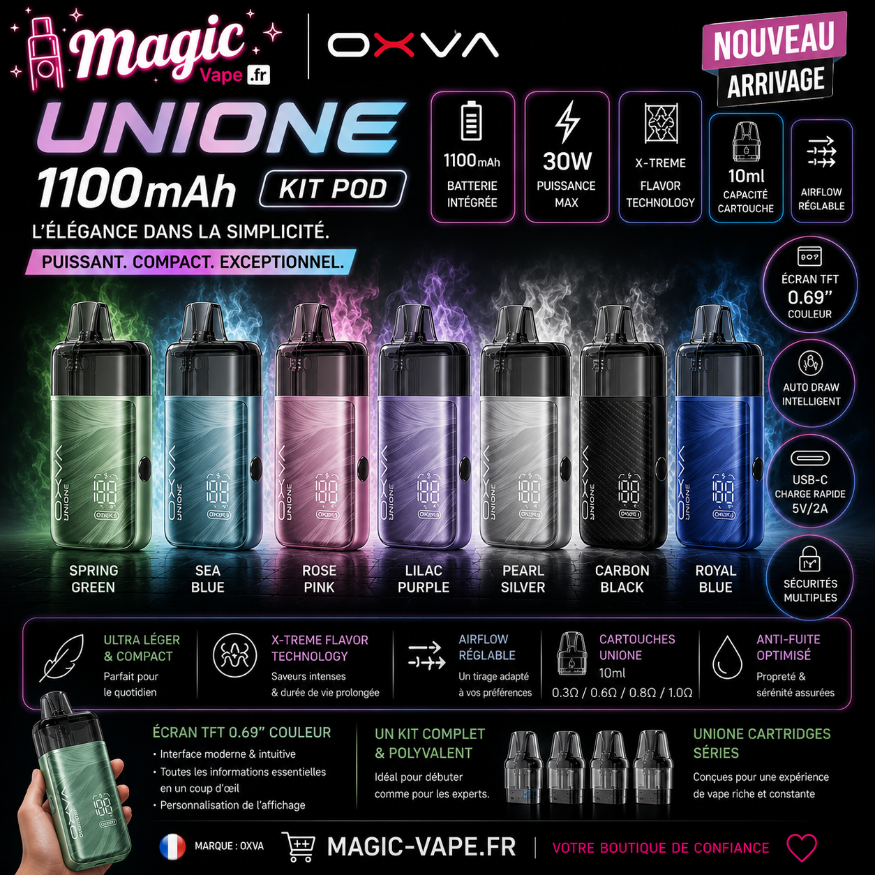 kit pod unione 1100mah oxva avec cartouche 10ml airflow réglable et écran intégré