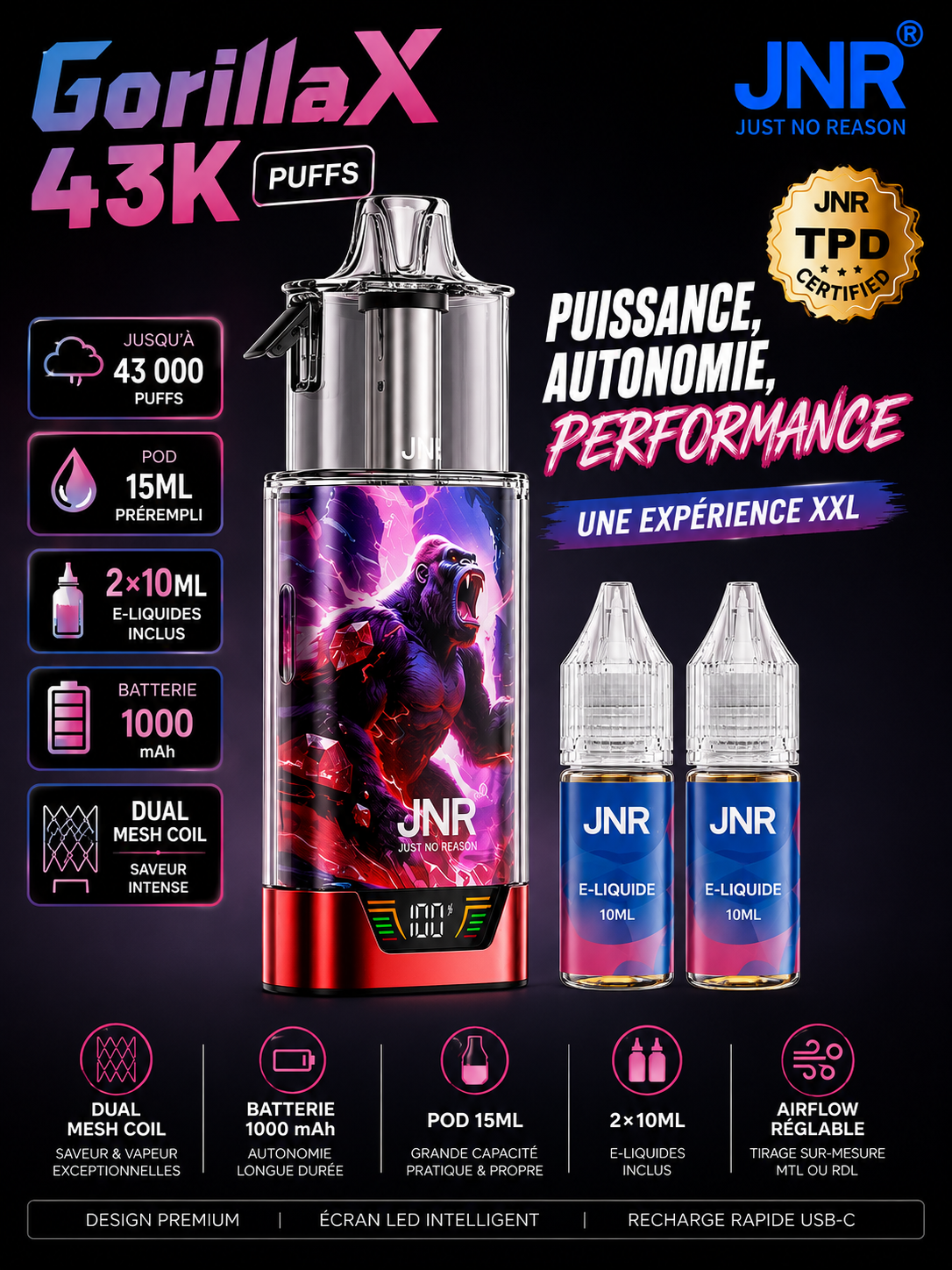 kit gorilla x 43k puffs jnr pod rechargeable 15 saveurs 0mg ou 20mg