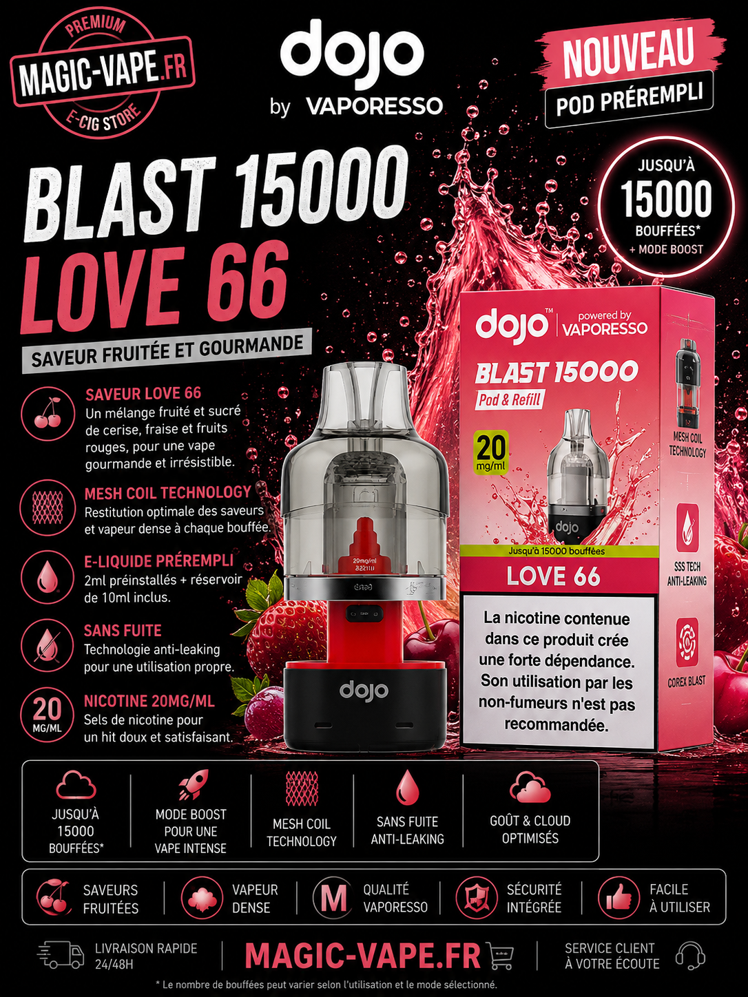 Pod Dojo 15 Love 66 15 ml saveur pastèque fraise et menthe douce
