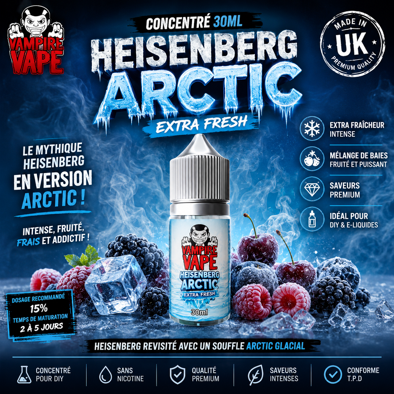 Concentré Heisenberg Arctic 30ml Vampire Vape, arôme DIY ultra glacé en flacon PE 30 ml avec sécurité enfant.