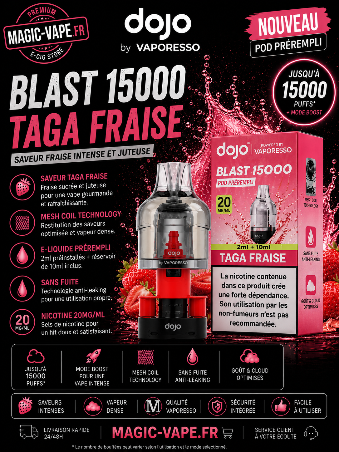 pod Dojo Blast 15K Taga Fraise bonbon fraise 20 mg Vaporesso