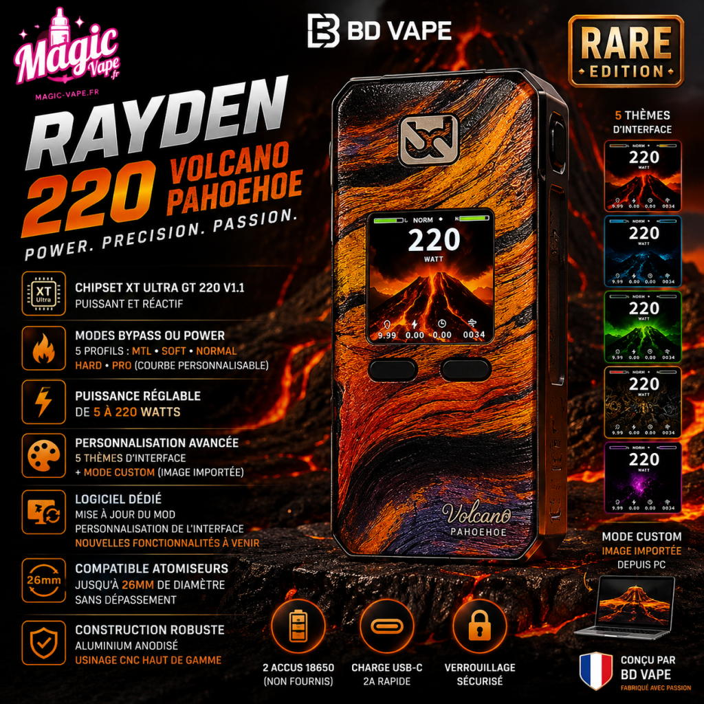 BD Vape Rayden : Rayden 100 V3.0, Precisio 2 Silver Night et Rayden 220 Volcano 5 BD Vape Rayden 220 Volcano Pahoehoe Rare Edition