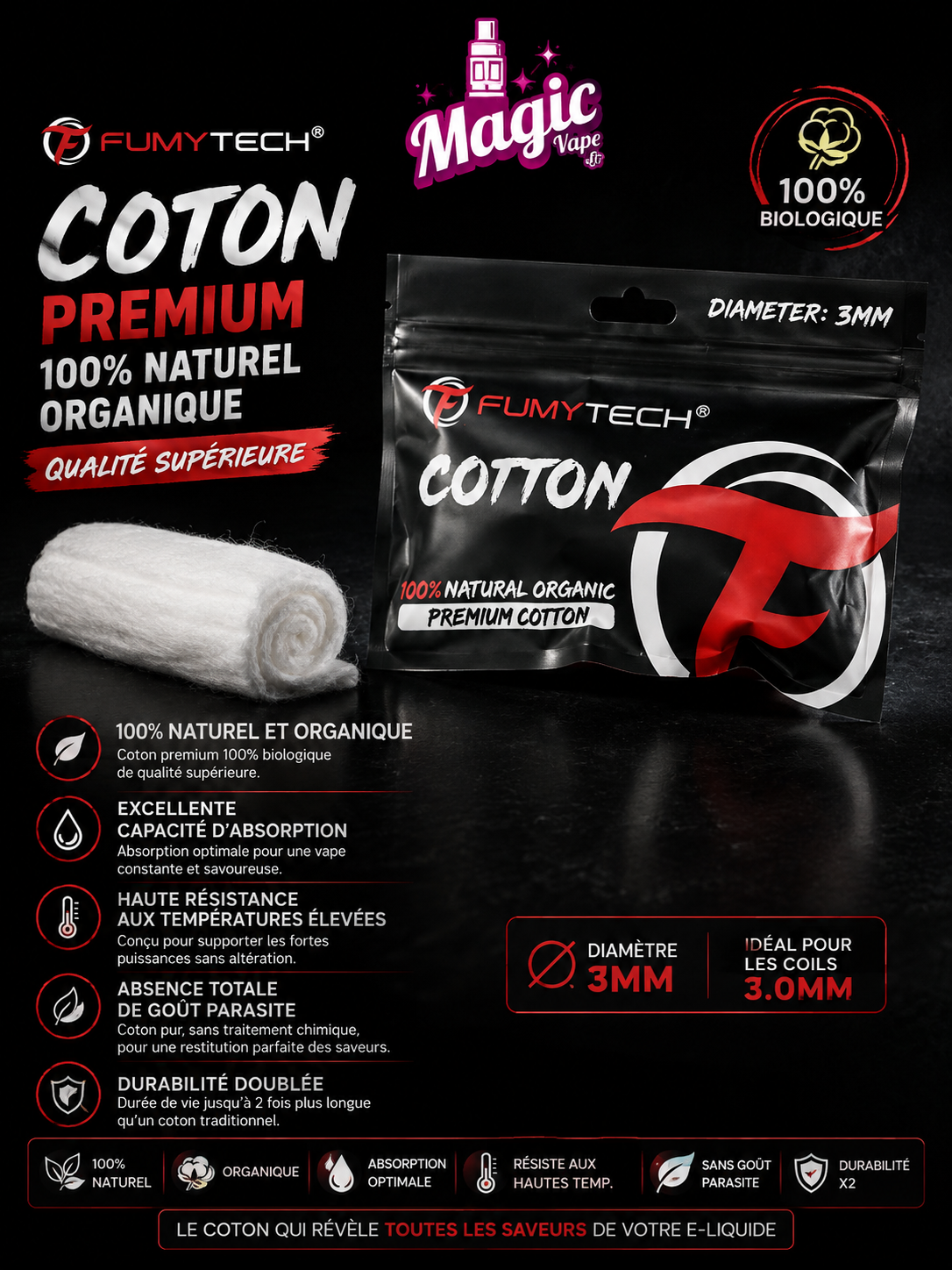 Coton Premium 100% Naturel Organique 3mm – Fumytech