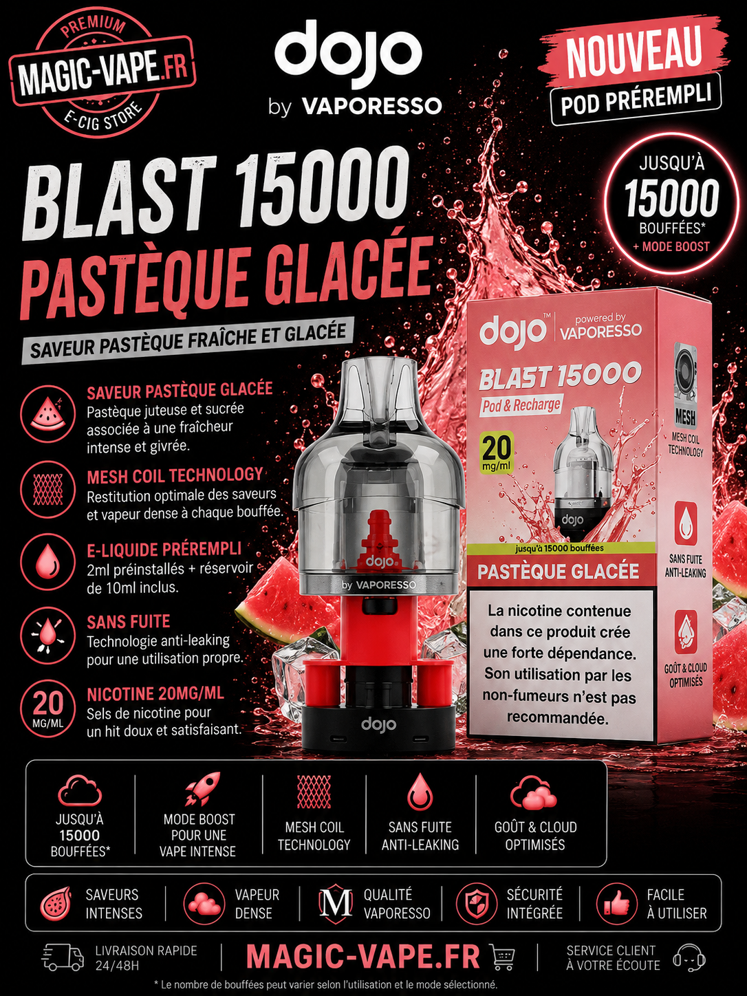 pod Dojo Blast 15K Pastèque Glacée Vaporesso 20 mg 10 ml
