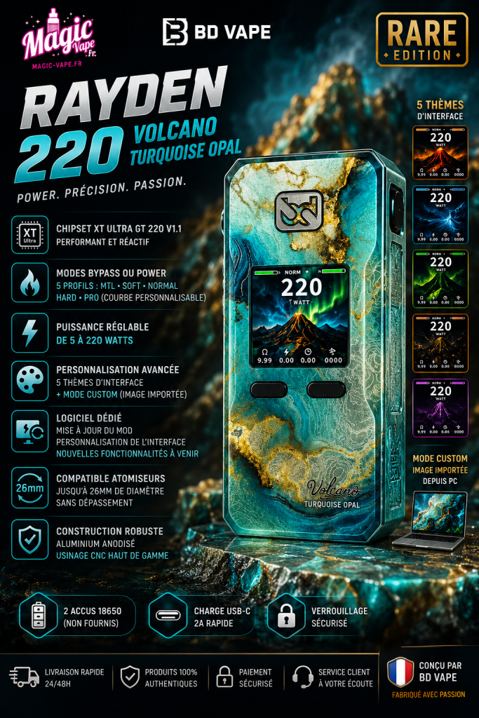 BD Vape Rayden : Rayden 100 V3.0, Precisio 2 Silver Night et Rayden 220 Volcano 6 BD Vape Rayden 220 Volcano Turquoise Opal Rare Edition