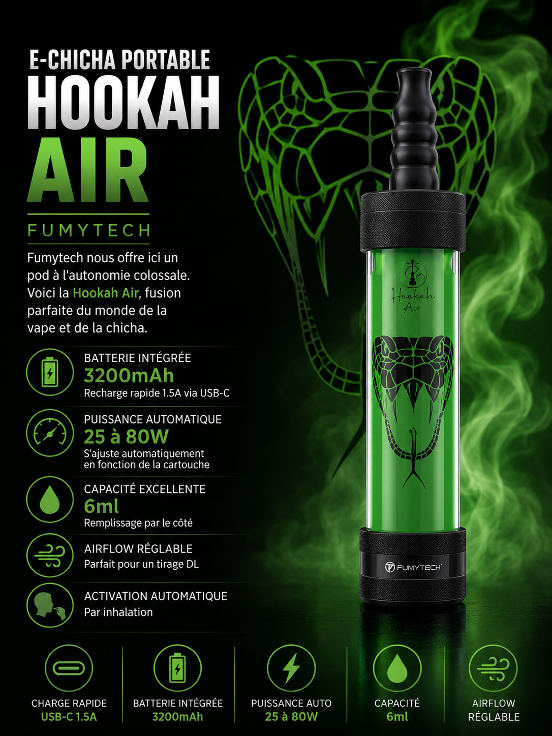E-Chicha Portable Hookah Air 6 Ml 3200 mAh Edition Warrior – Fumytech 6 chicha portable fumytech