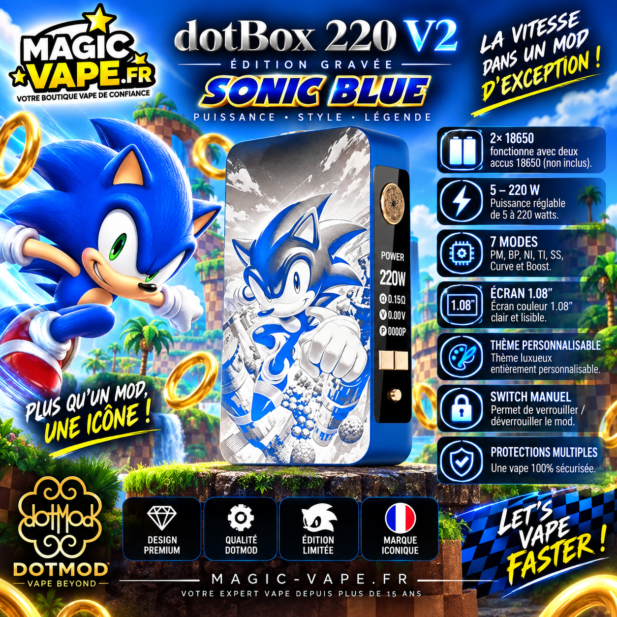 Mod dotBox 220 V2 220W 2x18650 Gravé Sonic Blue – Dotmod