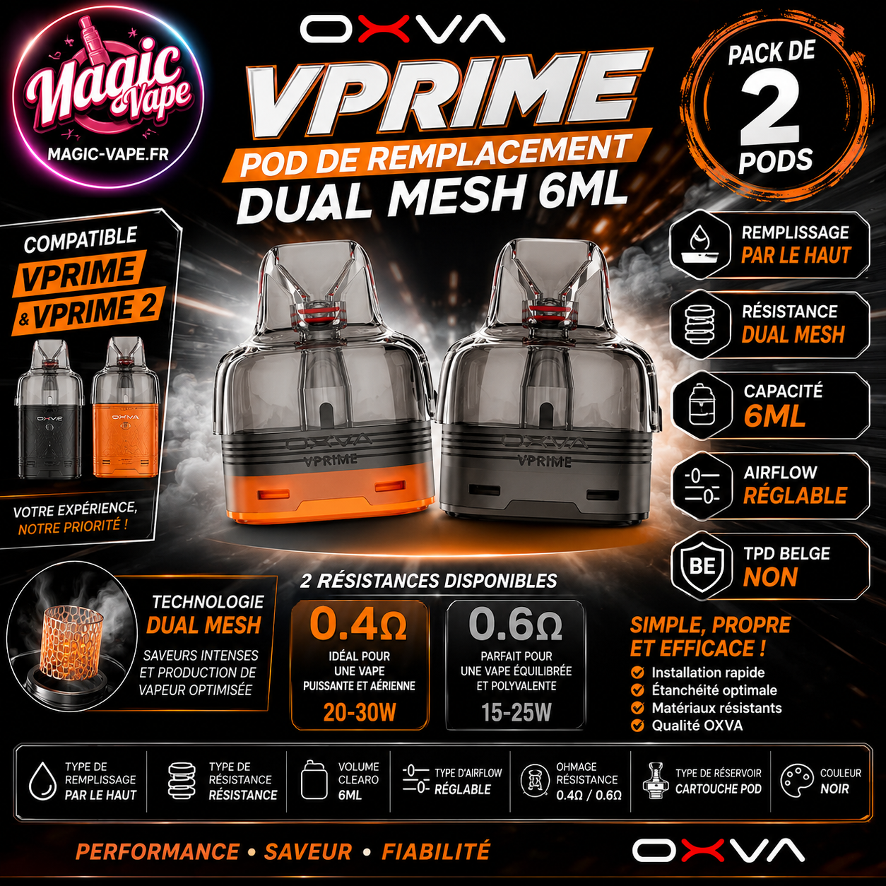 Pod De Remplacement VPrime Dual Mesh 6ml 0.4Ω / 0.6Ω – OXVA (Pack De 2)