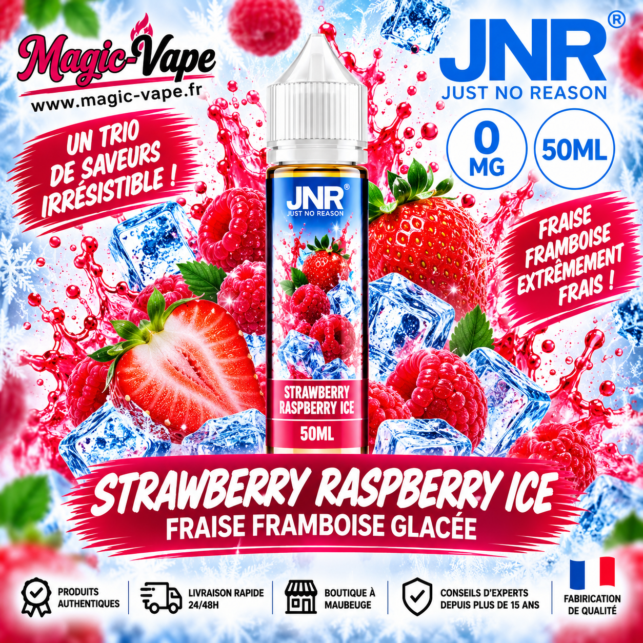 E-liquide Strawberry Raspberry Ice JNR 50ml 0mg fraise framboise glacée